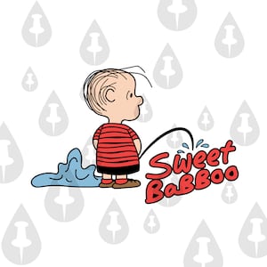 Linus Peanuts Kid Peeing On The Word Sweet Babboo - Funny Meme Hot Rod Custom Car Decal Bumper Sticker Joke Illustration Tee Design SVG