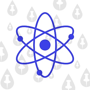 Puede incluir: Un símbolo de átomo azul con un círculo azul en el centro. El símbolo del átomo está rodeado de un fondo blanco con gotas de lluvia grises.