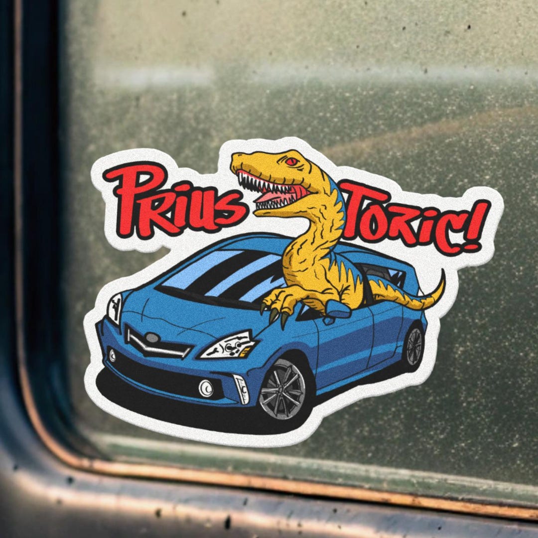 Prius Funnt Sticker Priustoric! - Velociraptor Driving a Prius V Sticker! Perfect Stocking ...