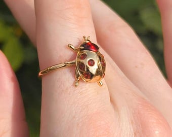 Gold Ladybug Ring • Garnet Nature Jewelry