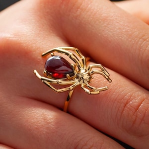 Spider Gemstone Ring - Garnet, Moonstone, Onyx, Stacking Rings, Spider Jewelry, Spider Web Ring Halloween Jewelry Goth Pear Cabochon Gem