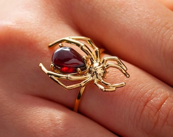 Spider Gemstone Ring - Garnet, Moonstone, Onyx, Stacking Rings, Spider Jewelry, Spider Web Ring Halloween Jewelry Goth Pear Cabochon Gem