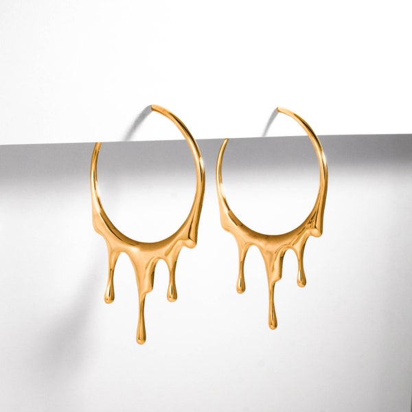 Dripping Circular M-2 Hoop Earrings - Gold, Silver, Rose Gold, Statement Earrings, Unique Jewelry for Everyday Wear, Honey Hoops