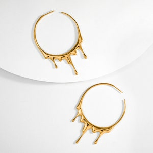 Dripping Circular L Hoop Earrings- Gold, Silver, Rose Gold, Statement Earrings, Unique Jewelry for Everyday Wear, Gift for Her