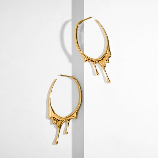 Dripping Oval M Hoop Earrings- Gold, Silver, Rose Gold, Statement Earrings, Unique Jewelry for Everyday Wear, Gift for Her