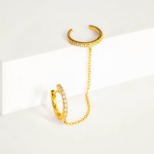 Pavé Huggie Hoop & Cuff, Minimalist Ear Cuff Chain Earrings, Cartilage Hoop, Chain Diamond Studs, Diamond Stud Dangle Earrings, Chain Hoop
