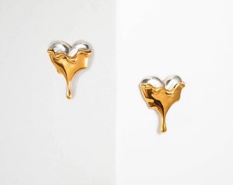 Dripping Heart Stud Earrings - Gold, Silver, Rose Gold, Heart Studs Jewelry, Heart Earrings, Handmade, Anniversary, Minimalist, Gift for Her