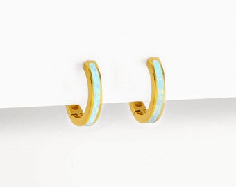 Opal Inlay Huggie Hoop Earrings, Stacking Hoop Earrings, Minimal Gemstone Jewelry, Opal Gemstone, Dainty Earrings