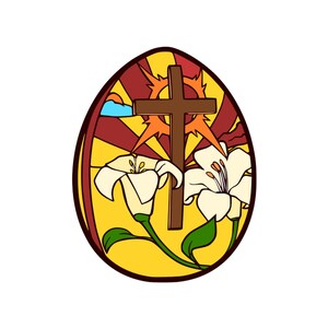May include: A yellow Easter egg with a brown cross and white lilies. The egg has a red and orange sunrise design.