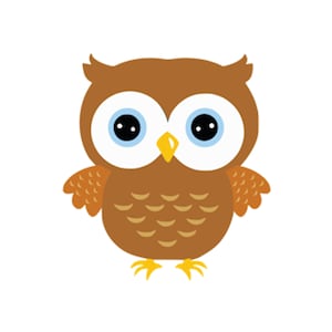 Puede incluir: Una ilustración de dibujos animados de un búho marrón con grandes ojos azules. El búho tiene un pico amarillo y plumas marrones.