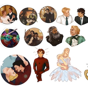 May include: A collection of 15 illustrated stickers featuring various characters and scenes. The stickers are round and have a white border. Some of the characters include a man with a beard, a woman with a crown, a man in a suit, and a man in a superhero costume. The scenes include a man riding a horse, a group of people in a boat, and a couple dancing.