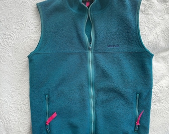 Rare Vintage Patagonia Synchilla Fleece Late 80s/90s Teal Vest XS made in USA with Pink Piping