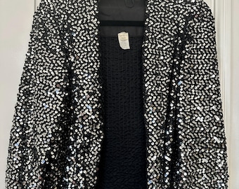 Rare 1930s/1940s Vintage Sequined Black and Silver Blazer or Evening Jacket Size 8 (Fits like Small)
