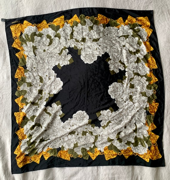 Vintage Chanel Silk Scarf - Black Hunter Floral