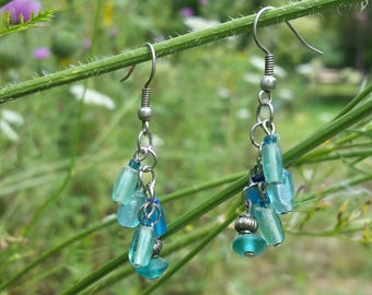 Reclaimed Shades of Sea Blue Vintage Glass Bead Dangle Cascade Earrings Handmade