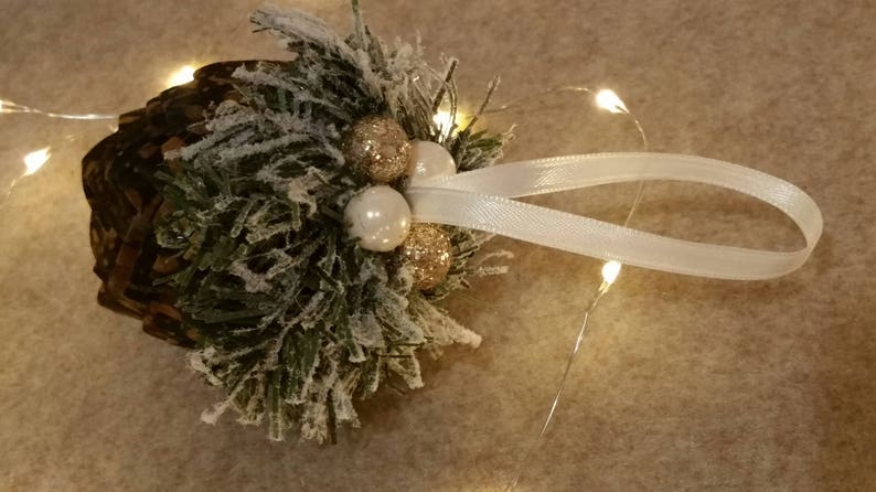 Handmade Pinecone Ornament Decoration Cotton Fabric Hand Tucked Pintucked with Decorated Frosted Pine Sprigs Sparkle Beads Satin Ribbon