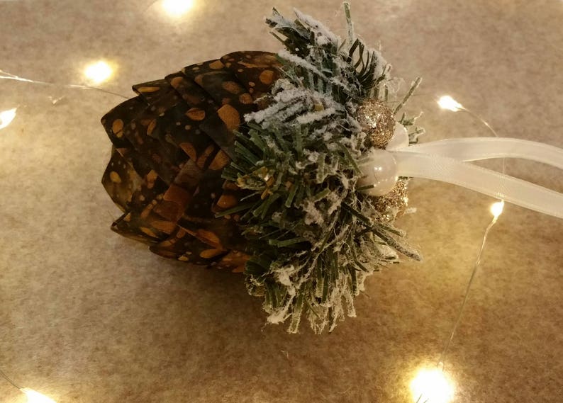 Handmade Pinecone Ornament Decoration Cotton Fabric Hand Tucked Pintucked with Decorated Frosted Pine Sprigs Sparkle Beads Satin Ribbon