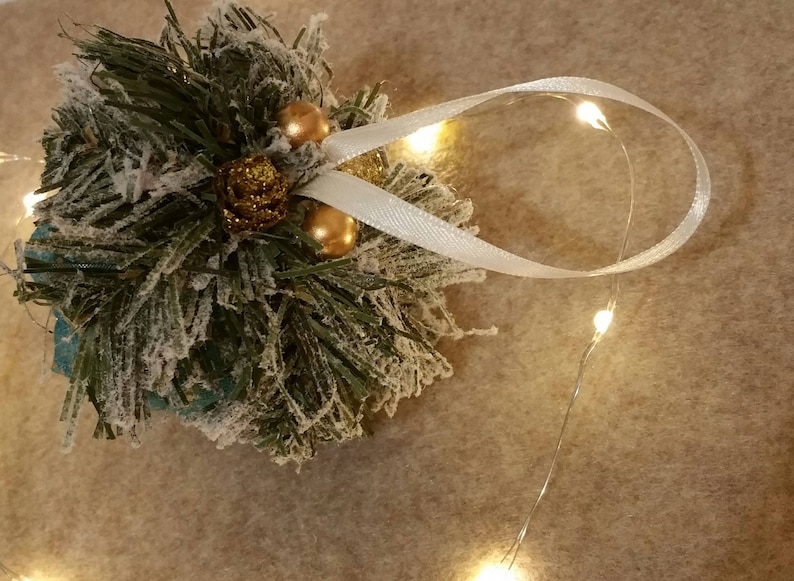 Handmade Pinecone Ornament Decoration Cotton Fabric Hand Tucked Pintucked with Decorated Frosted Pine Sprigs Sparkle Beads Satin Ribbon