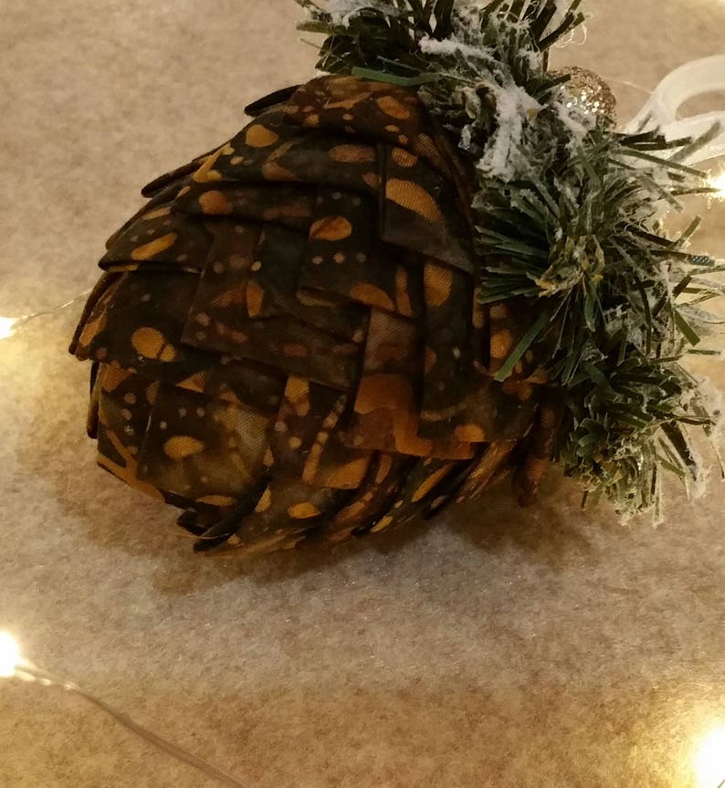 Handmade Pinecone Ornament Decoration Cotton Fabric Hand Tucked Pintucked with Decorated Frosted Pine Sprigs Sparkle Beads Satin Ribbon