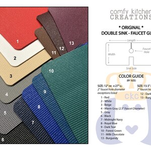 May include: A product image showcasing a double sink faucet guard in various colors. The color options include red, white, beige, warm gray, gray, black, midnight navy, royal blue, dark teal, forest green, milk chocolate, dark chocolate, and burgundy. The guard dimensions are 12" x 27" and 13.5" x 24".