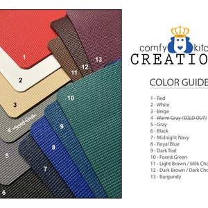 May include: Color guide for kitchen mats with 13 different color options. The colors are red, white, beige, warm gray, gray, black, midnight navy, royal blue, dark teal, forest green, light brown, dark brown, and burgundy.