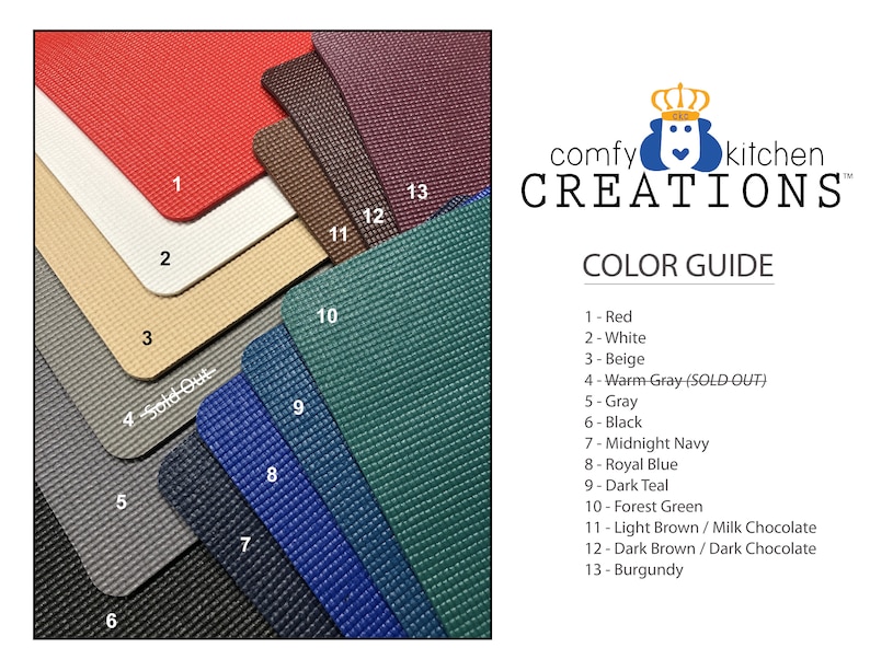 May include: Color guide for kitchen mats with 13 different color options. The colors are red, white, beige, warm gray, gray, black, midnight navy, royal blue, dark teal, forest green, light brown, dark brown, and burgundy.
