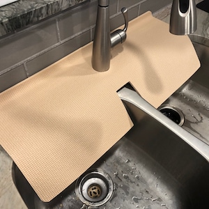 Beige, Double Sink FAUCET SPLASH GUARD, Drip Catcher, Sink Protection, Granite Countertop Chip Protector, 12 in W x 27 in L, patent approved