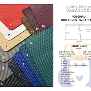 May include: Image of a double sink faucet guard available in multiple colours, including red, white, beige, warm grey, grey, black, midnight navy, royal blue, dark teal, forest green, milk chocolate, dark chocolate, and burgundy. Sizes are 30.5cm x 68.6cm or 34.3cm x 61cm.