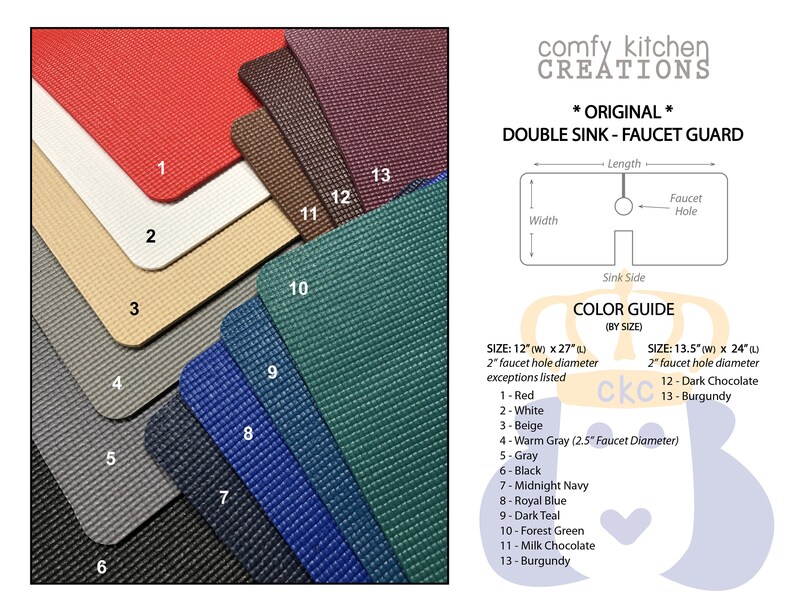 Puede incluir: Carta de colores que muestra 13 colores diferentes de alfombras para fregadero. Las alfombras est&aacute;n hechas de un material texturizado y est&aacute;n disponibles en tama&ntilde;os de 12 pulgadas por 27 pulgadas y 13,5 pulgadas por 24 pulgadas. La carta de colores incluye los siguientes colores: rojo, blanco, beige, gris c&aacute;lido, gris, negro, azul marino, azul real, azul oscuro, verde bosque, chocolate con leche y burdeos.
