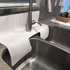 Double Sink FAUCET SPLASH GUARD, Drip Catcher, Protects From Water Damage and Chipping, 17 in (W) x 23 in (L),  patent approved
