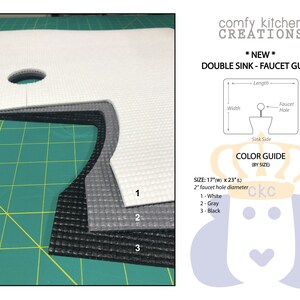 May include: Three pieces of kitchen sink faucet guard in white, gray, and black. The guard is 17 inches wide and 23 inches long. The guard has a 2 inch diameter hole for the faucet.