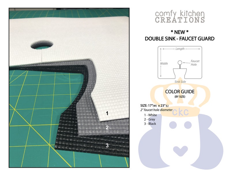 May include: Three pieces of kitchen sink faucet guard in white, gray, and black. The guard is 17 inches wide and 23 inches long. The guard has a 2 inch diameter hole for the faucet.