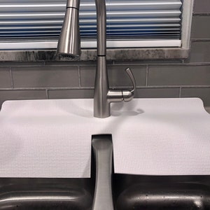 White Double Sink FAUCET SPLASH GUARD, Drip Catcher, Kitchen Sink Mat, Protect Granite Countertop, 12 in W x 27 in L, patent approved