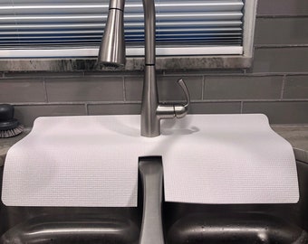 White Double Sink FAUCET SPLASH GUARD, Drip Catcher, Kitchen Sink Mat, Protect Granite Countertop, 12 in W x 27 in L, patent approved
