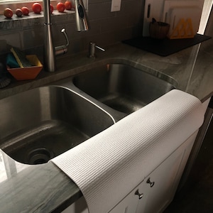 White Double SINK EDGE GUARD, Kitchen, Splash And Countertop Protector, Protects Granite From Chipping, 17 in W x 23 in L, patent approved