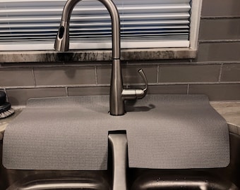 Gray Double Sink FAUCET SPLASH GUARD, Drip Catcher, Water Splash, Protects Kitchen Granite Countertop, 12 in W x 27 in L, patent approved