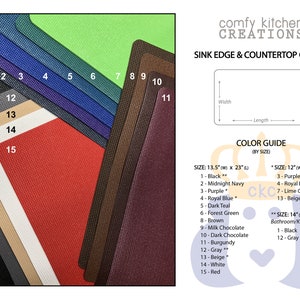 May include: Sink edge and countertop guards in various colors, including black, navy, purple, and red. The image displays a color guide with dimensions of 13.5" x 23", 12" x 27", and 14" x 16". The product is from Comfy Kitchen Creations.