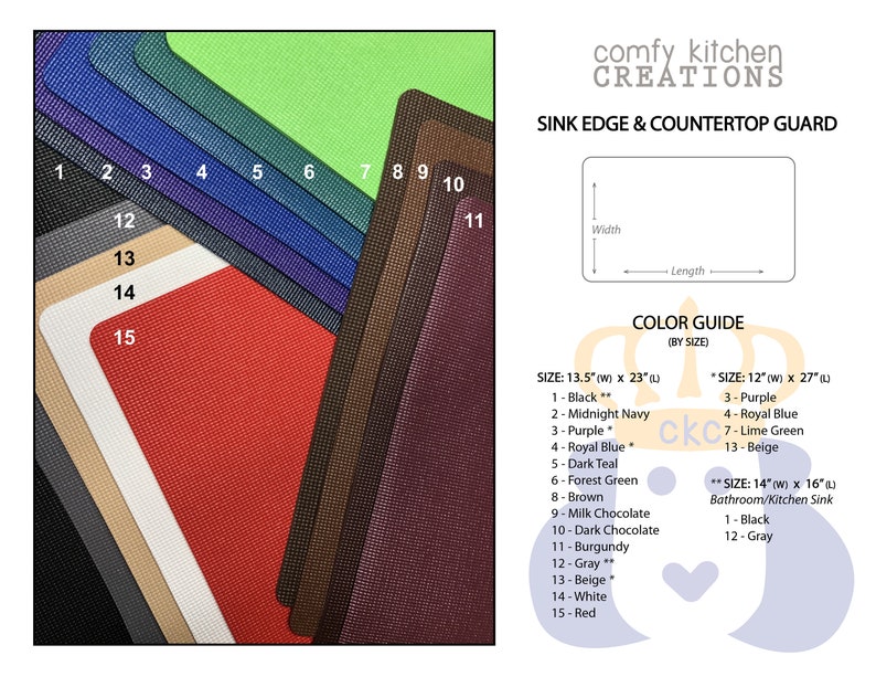 May include: Sink edge and countertop guards in various colors, including black, navy, purple, and red. The image displays a color guide with dimensions of 13.5" x 23", 12" x 27", and 14" x 16". The product is from Comfy Kitchen Creations.