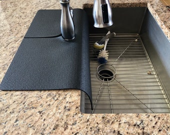 Black FAUCET SPLASH GUARD, Drip Catcher, Kitchen Sink Protection, Granite Countertop Chip Protector, 17 in W x 23 in L, patent approved