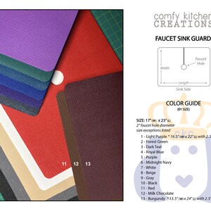 May include: A selection of faucet sink guards in various colors, including purple, green, and red. The image displays a color guide with dimensions of 17 inches wide by 23 inches long, and a 2-inch faucet hole diameter. The text "Comfy Kitchen Creations" is also visible.