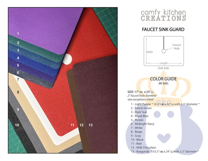 May include: A selection of faucet sink guards in various colors, including purple, green, and red. The image displays a color guide with dimensions of 17 inches wide by 23 inches long, and a 2-inch faucet hole diameter. The text "Comfy Kitchen Creations" is also visible.