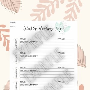 Könnte beinhalten: Ein druckbarer wöchentlicher Lesetagebuch mit einem floralen Design. Das Tagebuch enthält Abschnitte für den Titel, eine kurze Zusammenfassung und die gelesenen Seiten für jeden Tag der Woche.