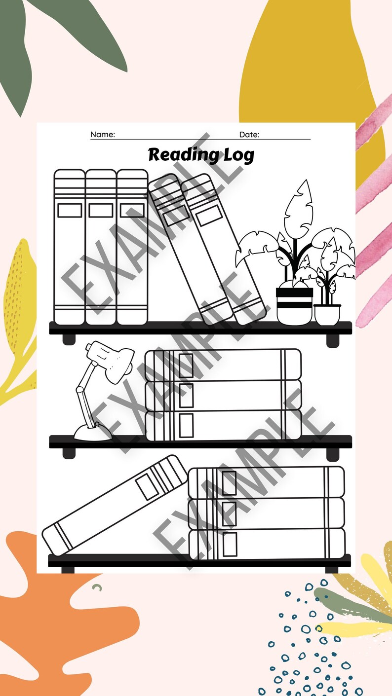 May include: Black and white line drawing of a bookshelf with three shelves. The top shelf has three books stacked on top of each other. The middle shelf has a lamp and three books stacked on top of each other. The bottom shelf has one book leaning against three books stacked on top of each other. There are two potted plants on the top shelf.