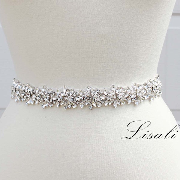 LISALI Sparkly Bridal Belt, Rhinestone Belt, Bridal Belt Sash, Wedding Belt, Crystal Sash Belt , Wedding Dress Belts Crystal Silver Clasp
