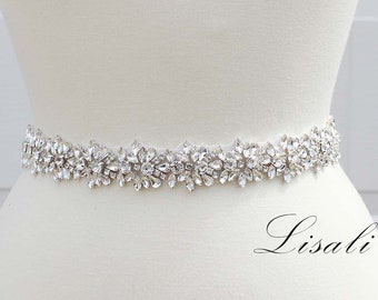 LISALI Sparkly Bridal Belt, Rhinestone Belt, Bridal Belt Sash, Wedding Belt, Crystal Sash Belt , Wedding Dress Belts Crystal Silver Clasp