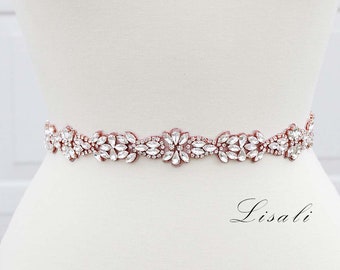 LISALI Thin Wedding Belt Rose Gold, Bridal Belt Sash, Rhinestone Belt, Wedding Dress Belt , Crystal Bridal Belt, Thin Bridal Belt Clasp