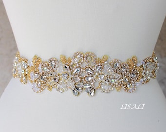 LISALI 21" Sparkly Wedding Belt, Gold Rhinestone Belt, Bridal Belts, Rhinestone Chain Belt, Crystal Sash Belt, Wedding Dress Belts Crystal