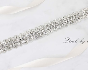 LISALI Sparkly Wedding Belt , Bridal Belt Sash, Rhinestone Belt, Crystal Sash Belt , Wedding Dress Belts, Crystal Belt Silver Clasp