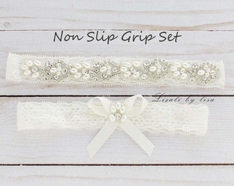 LISALI Wedding Garter Set Ivory, NO SLIP Lace Wedding Garter Set，Bridal Garter set,  Crystal Bridal Garter, Wedding Garter, Wedding Garter