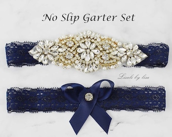 LISALI Bridal Garter Navy Blue , Wedding Garter Set,  Crystal Bridal Garter, NON SLIP Wedding Garter Set，Bridal Garter Set Pink